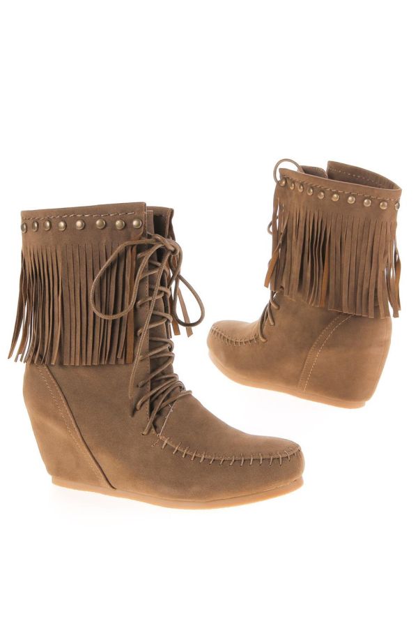 suede ankle boot with cords at indian style decorated with fringes and gold studs platform heel camel