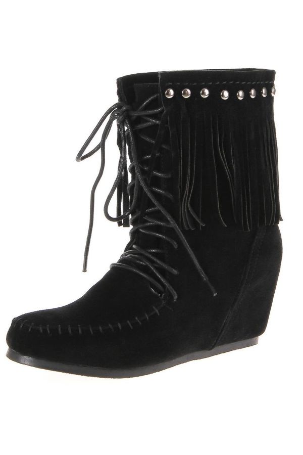 suede ankle boot with cords at indian style decorated with fringes and studs platform heel black