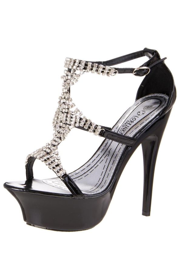 patent high heeled evening sandal decorated with silver rhinestones black