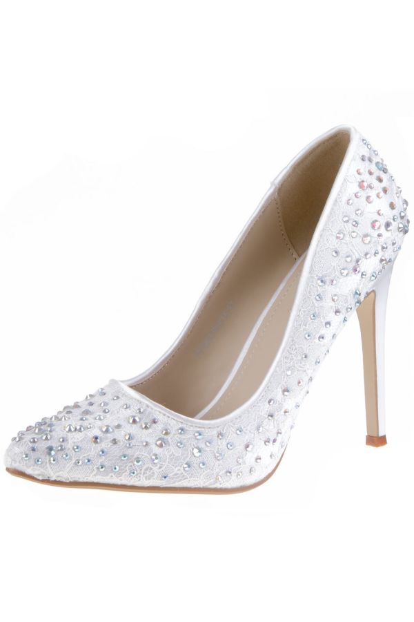 bridal pointed pump decorated with crystalized stones white