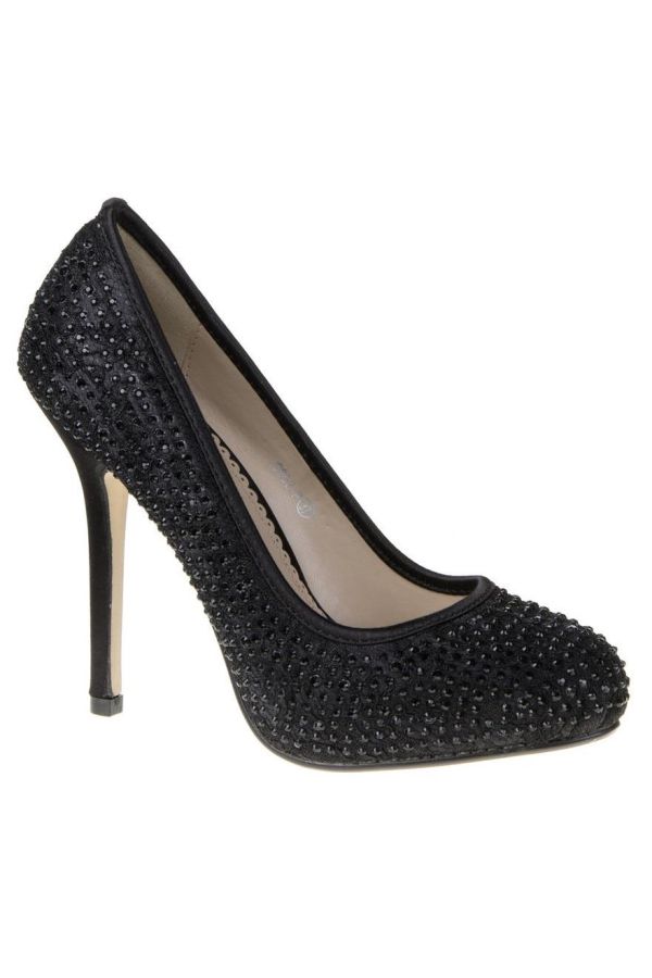 classic formal semi pointed pump decorated with crystallized stones black 