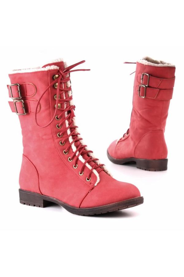 ankle boot with cords padded with white fur pink