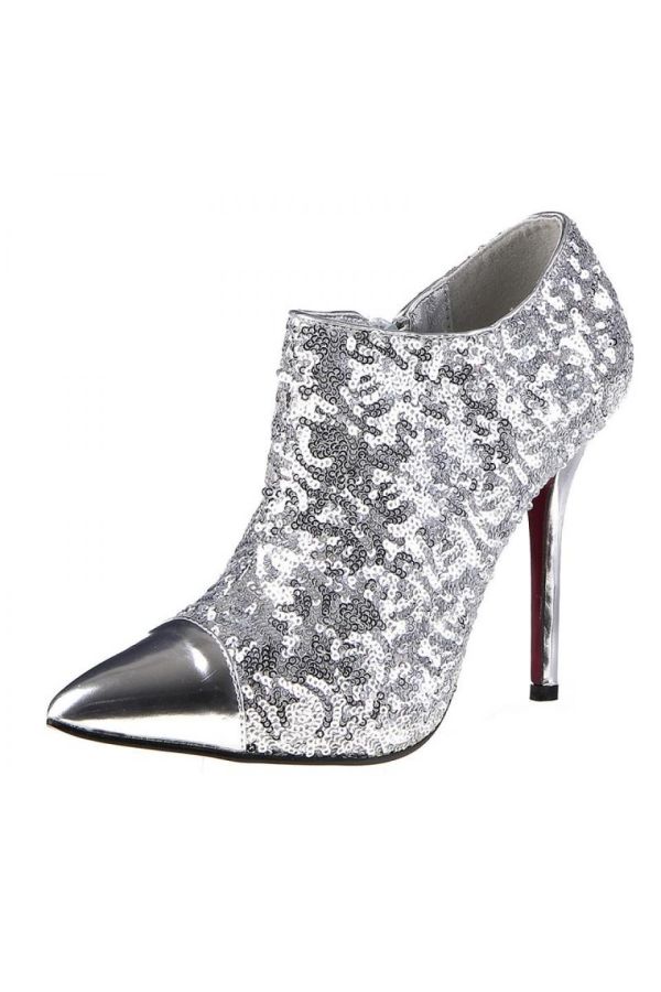 formal pointed pump decorated with sequins and patent panel silver