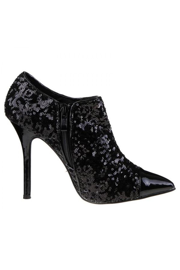 formal pointed pump decorated with sequins and patent panel black