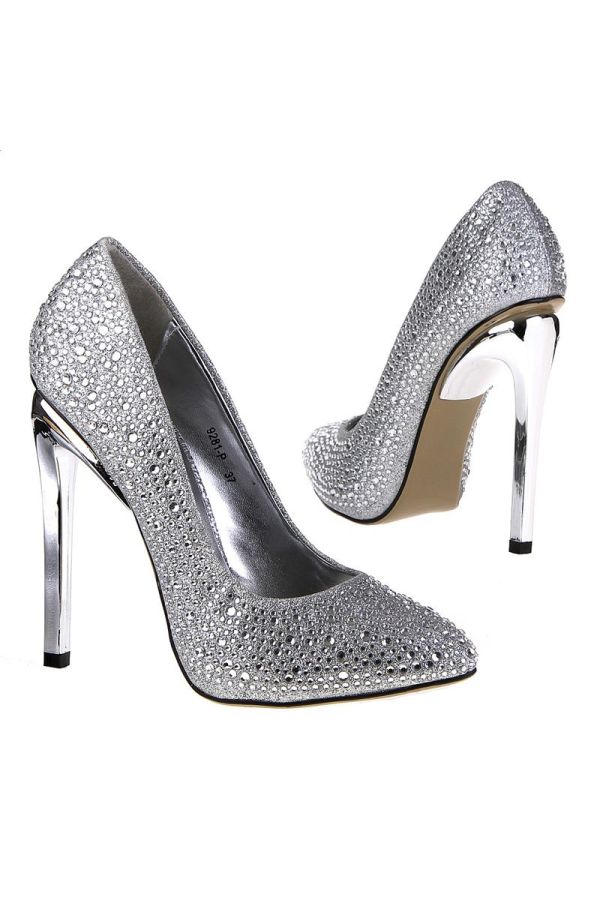 satin high heeled pump decorated with crystallized stones and silver heel silver