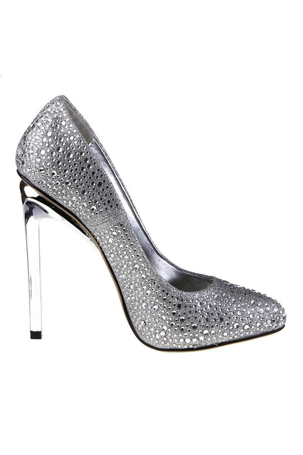 satin high heeled pump decorated with crystallized stones and silver heel silver