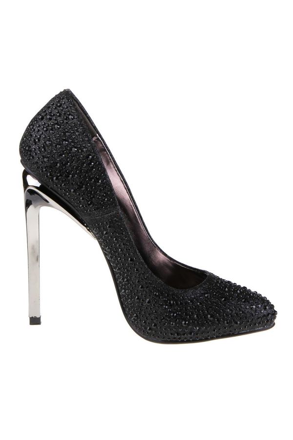 satin high heeled pump decorated with crystallized stones and silver heel black
