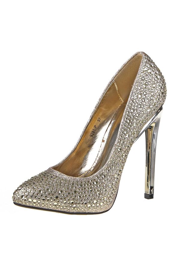 satin high heeled pump decorated with crystallized stones gold