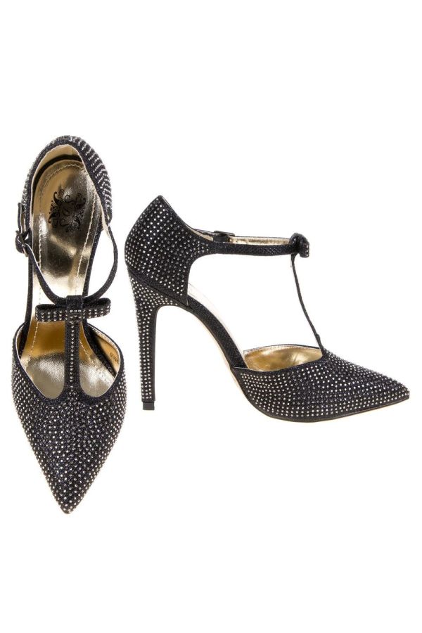 exclusive formal pointed suede pump with strap decorated with strass black