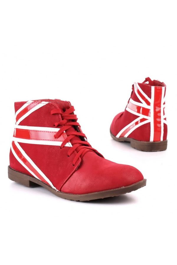ankle boot with cords decorated with patent white colour flag design red