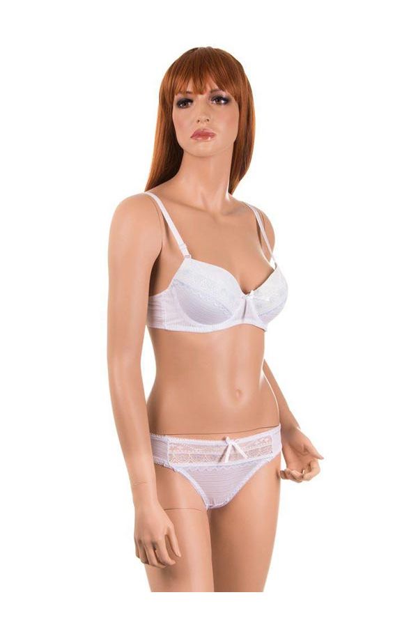 lingerie set push up bra with panty decorated with lace white blue