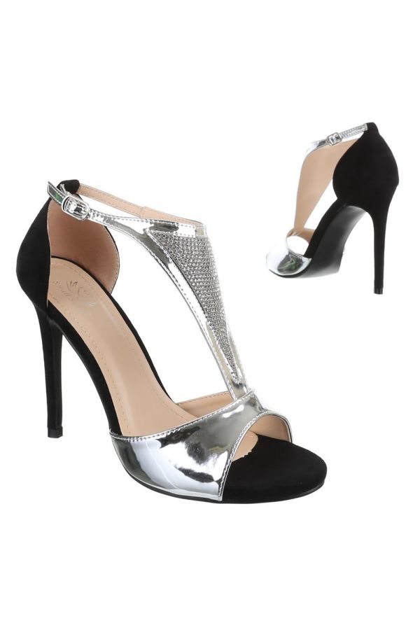 chic formal sandal decorated with strass patent black silver