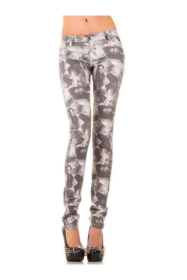 tight jean pants with decorative print designs type newspaper grey