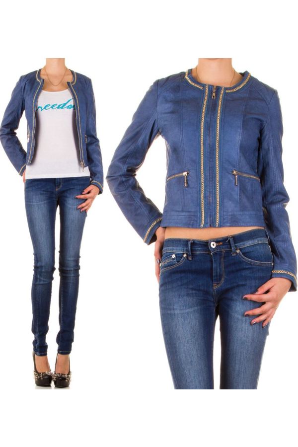 women leatherette jacket with gold zip and decorations blue