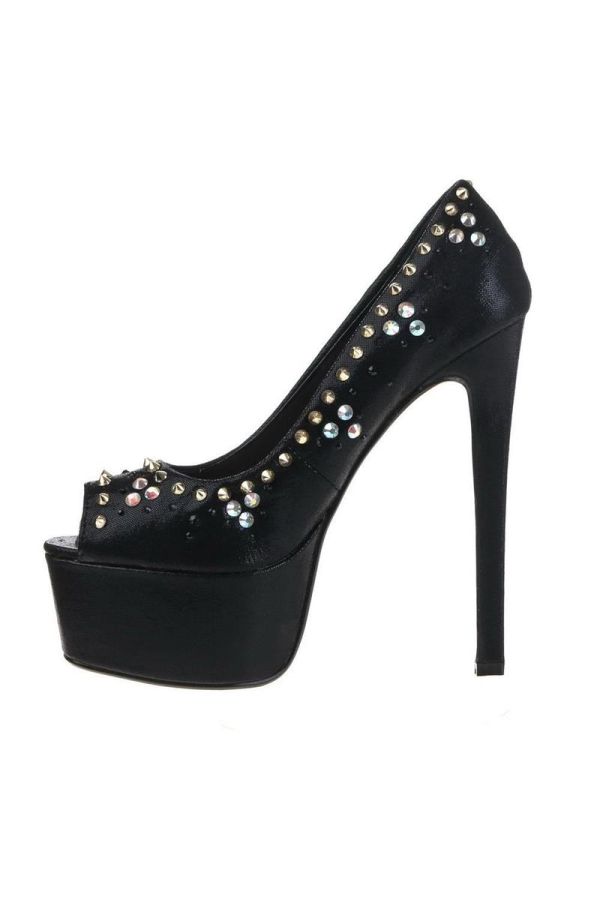 high heeled satin peep toe pump decorated with studs black
