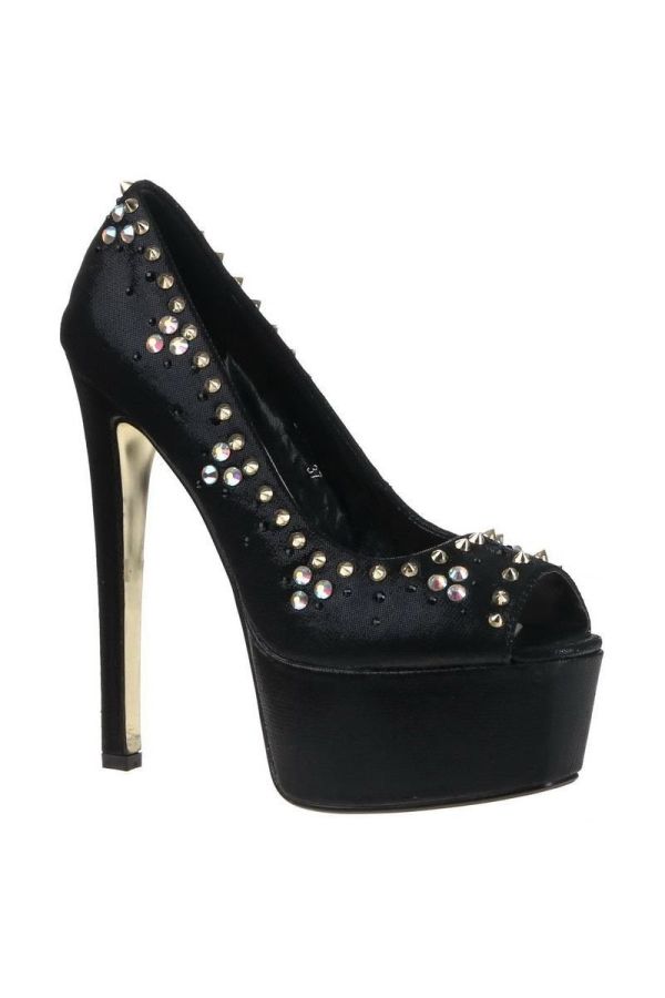 high heeled satin peep toe pump decorated with studs black