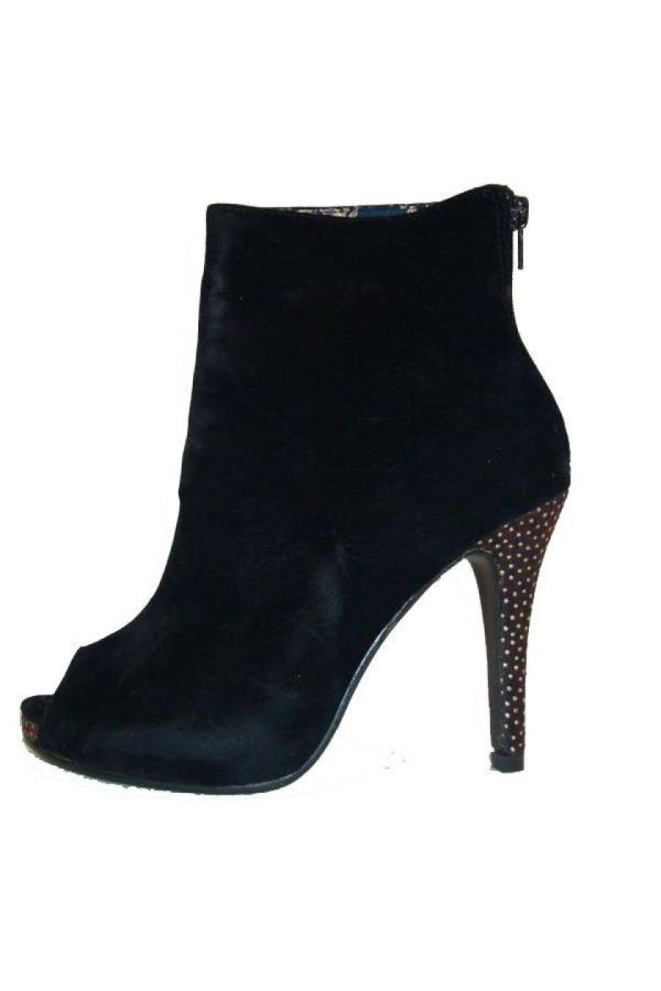 peep toe woman suede ankle boot with wooden heel decorated with strass black