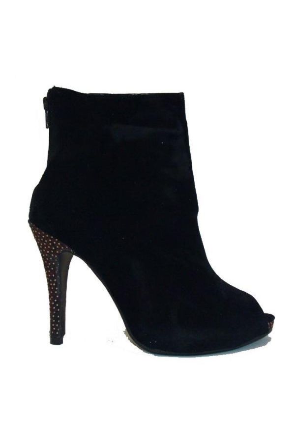 peep toe woman suede ankle boot with wooden heel decorated with strass black