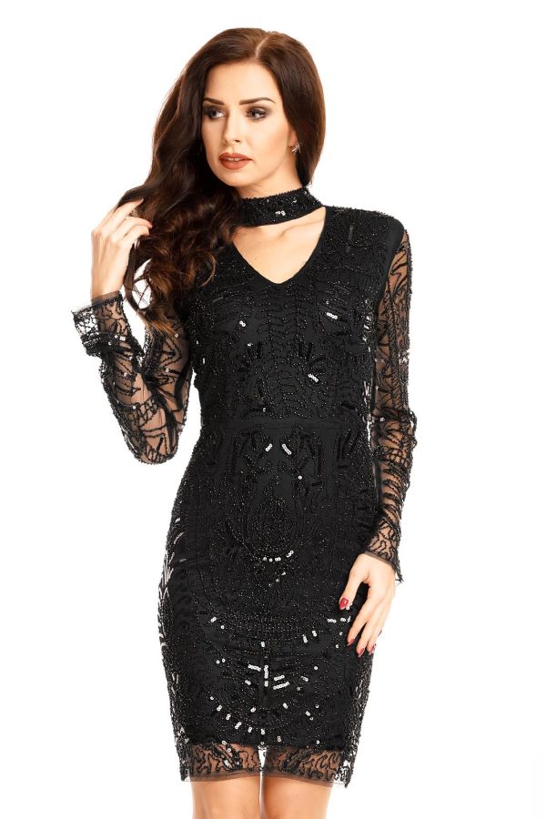 Φόρεμα Βραδινό Διαφάνεια Παγιέτες Πέτρες Μαύρο USH30042