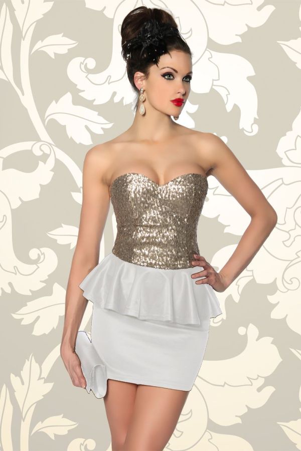 Φόρεμα Vinstage Στράπλες Χρυσές Παγιέτες Άσπρο AT1312857