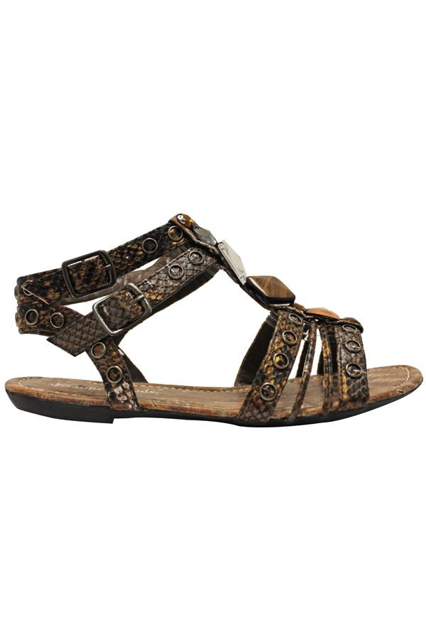 flat sandal with straps and stones brown